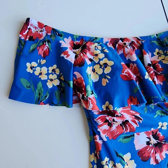 Ralph Lauren One Piece Swimsuit Off Shoulder Floral Blue Pink Print Sz 12 - Picture 15 of 16